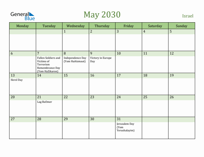 May 2030 Calendar with Israel Holidays