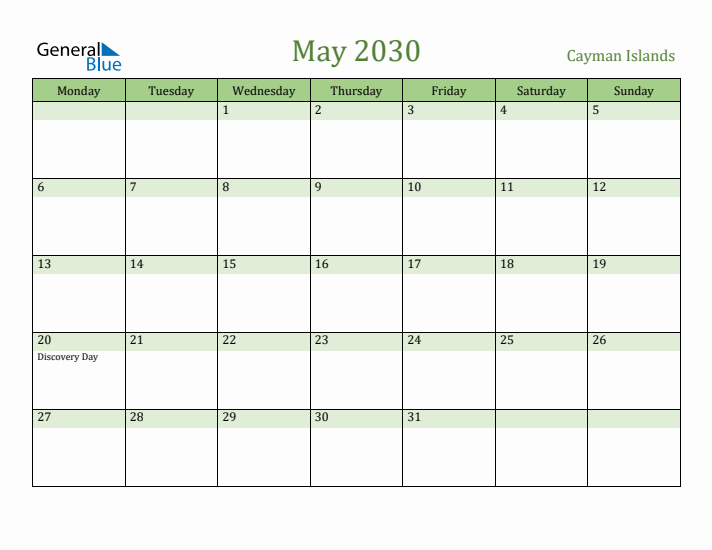 May 2030 Calendar with Cayman Islands Holidays