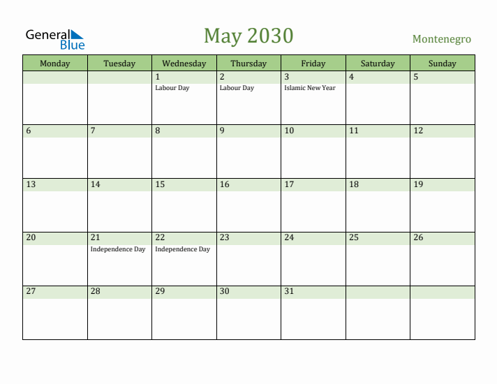 May 2030 Calendar with Montenegro Holidays