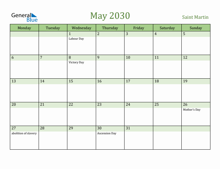 May 2030 Calendar with Saint Martin Holidays