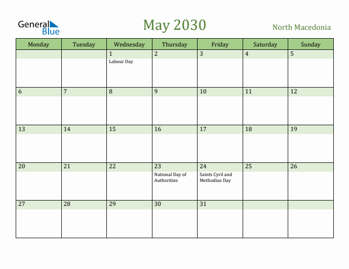 May 2030 Calendar with North Macedonia Holidays