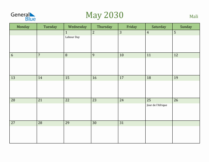May 2030 Calendar with Mali Holidays