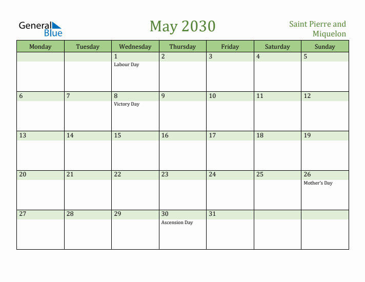 May 2030 Calendar with Saint Pierre and Miquelon Holidays