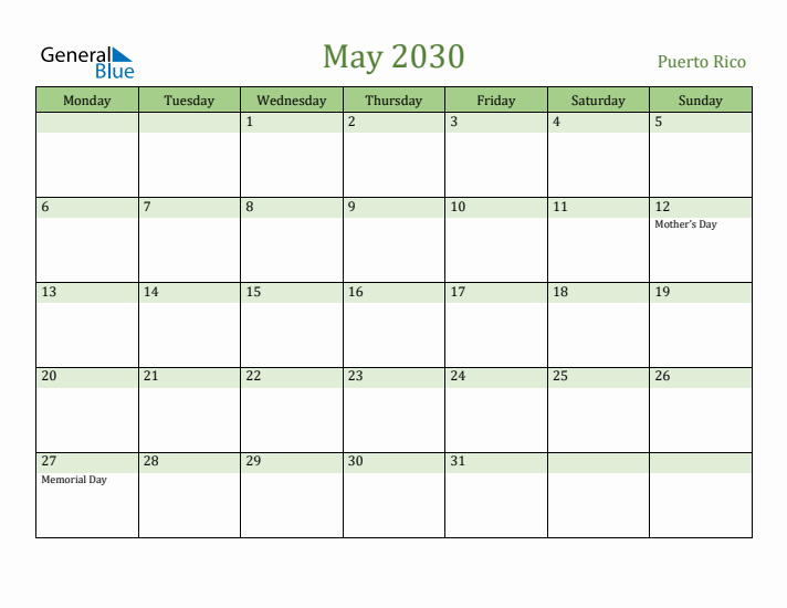 May 2030 Calendar with Puerto Rico Holidays