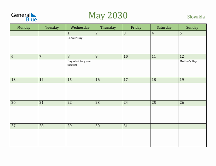 May 2030 Calendar with Slovakia Holidays