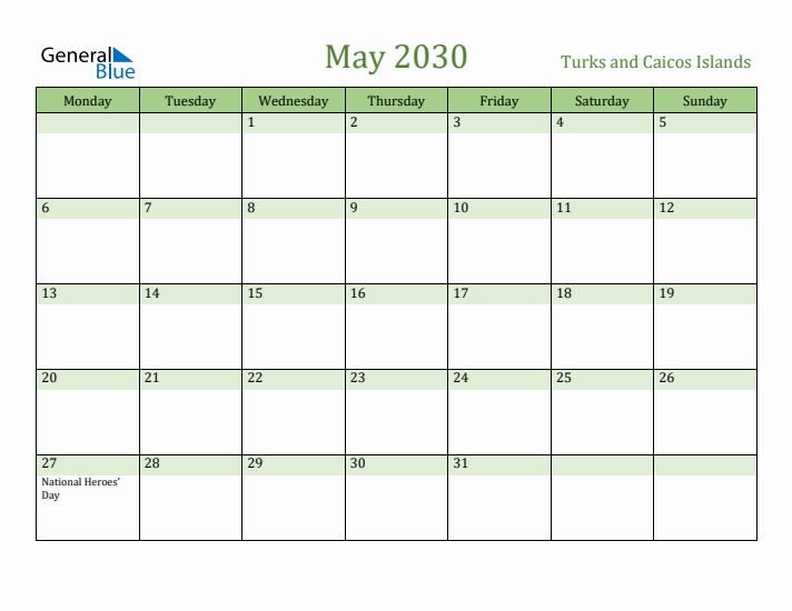 May 2030 Calendar with Turks and Caicos Islands Holidays