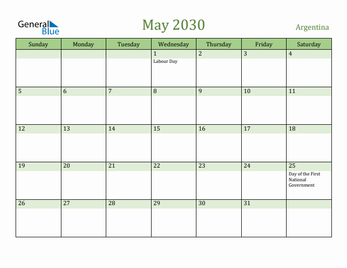 May 2030 Calendar with Argentina Holidays