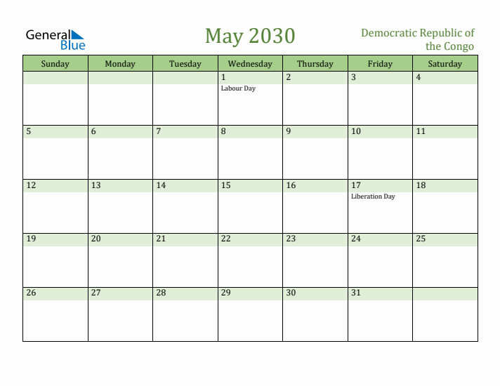 May 2030 Calendar with Democratic Republic of the Congo Holidays