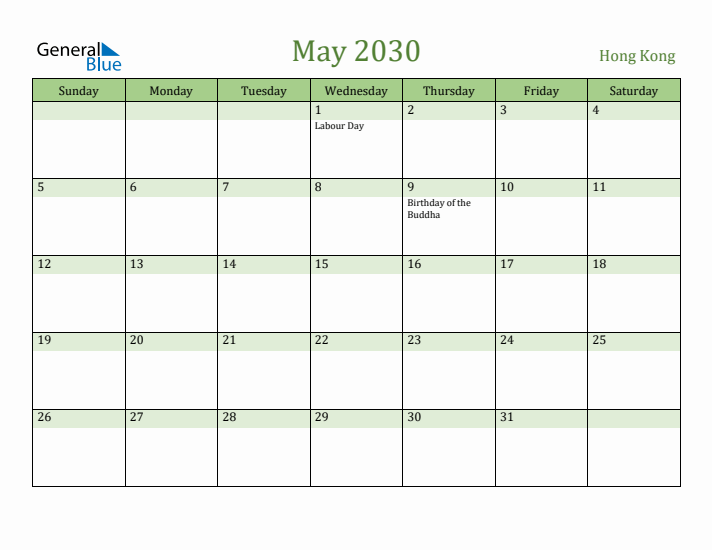 May 2030 Calendar with Hong Kong Holidays