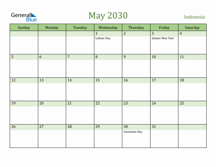 May 2030 Calendar with Indonesia Holidays