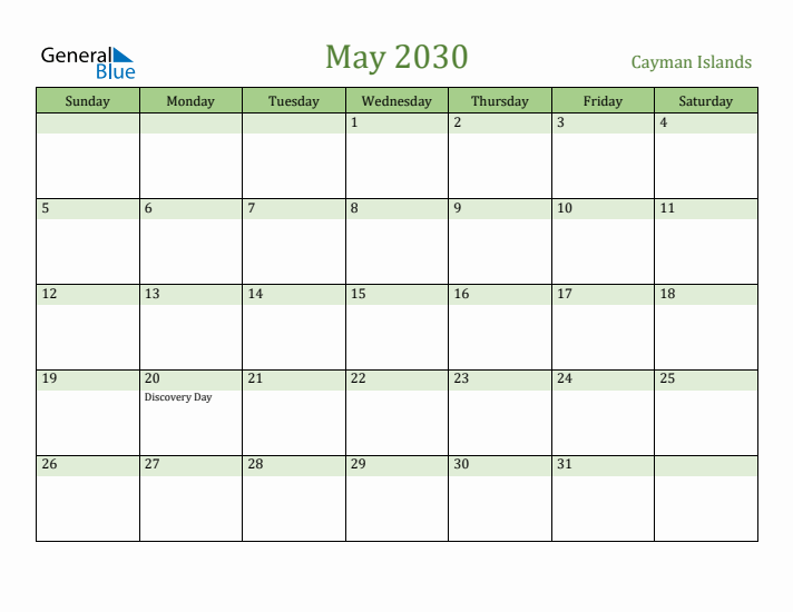 May 2030 Calendar with Cayman Islands Holidays