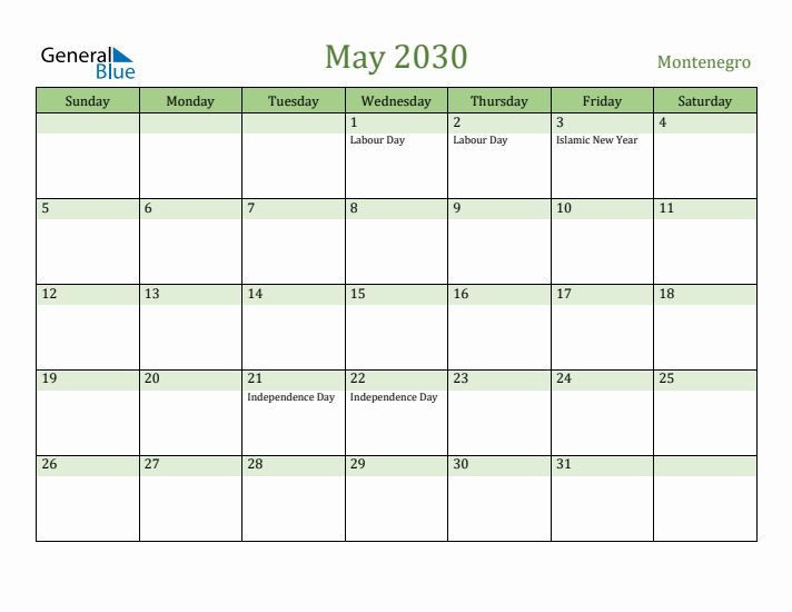 May 2030 Calendar with Montenegro Holidays