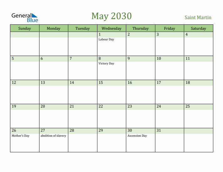 May 2030 Calendar with Saint Martin Holidays