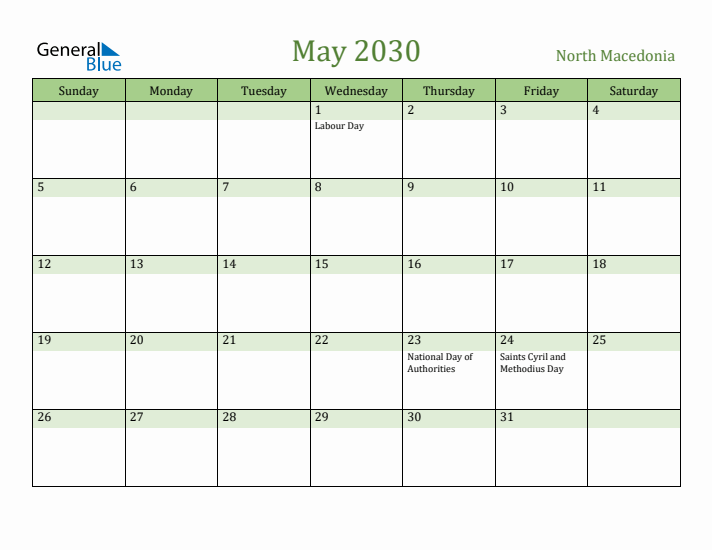 May 2030 Calendar with North Macedonia Holidays