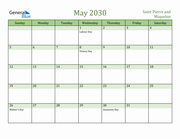 May 2030 Calendar with Saint Pierre and Miquelon Holidays
