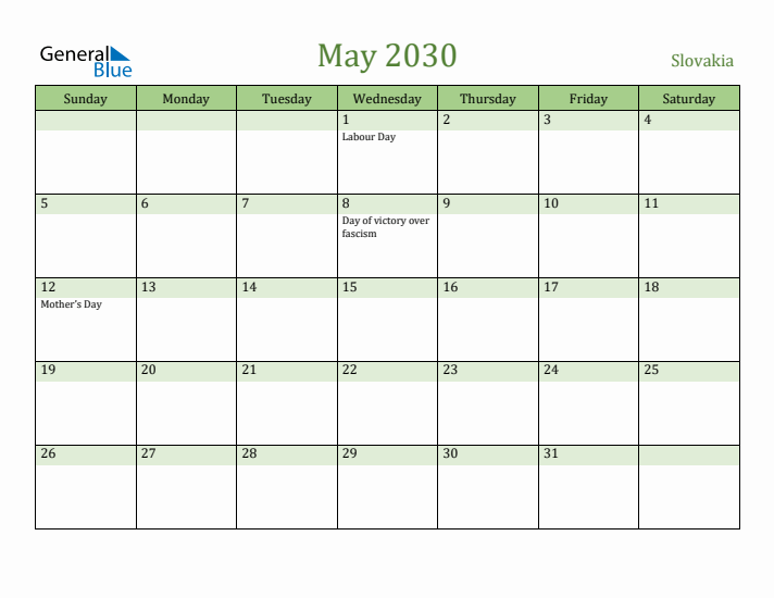 May 2030 Calendar with Slovakia Holidays