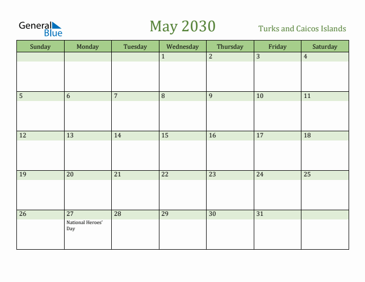May 2030 Calendar with Turks and Caicos Islands Holidays