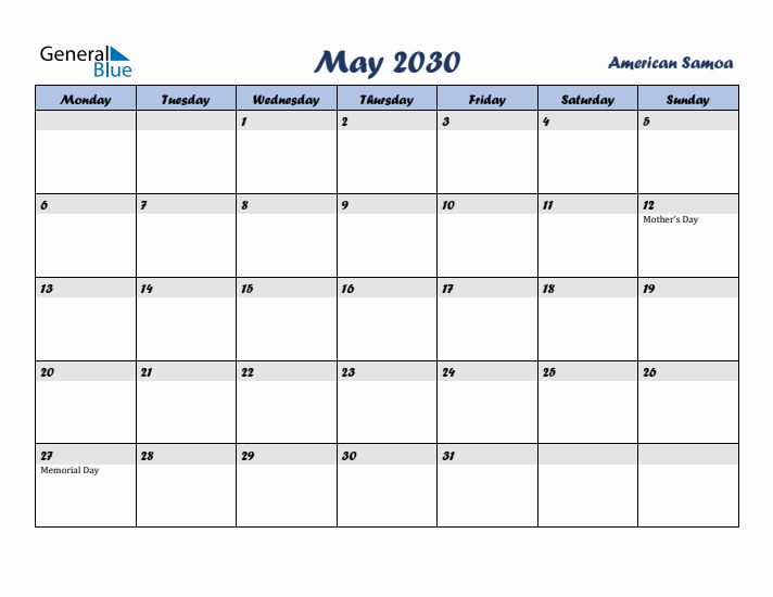 May 2030 Calendar with Holidays in American Samoa