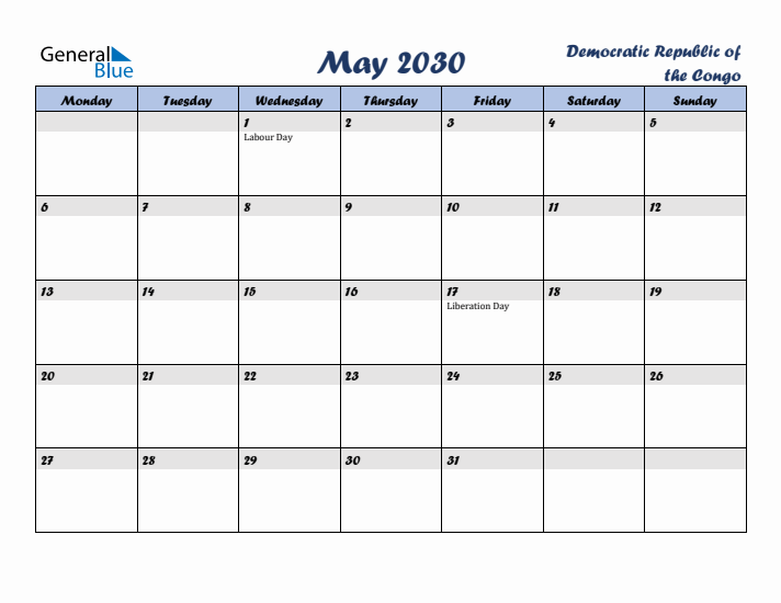 May 2030 Calendar with Holidays in Democratic Republic of the Congo