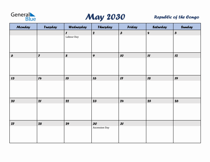 May 2030 Calendar with Holidays in Republic of the Congo
