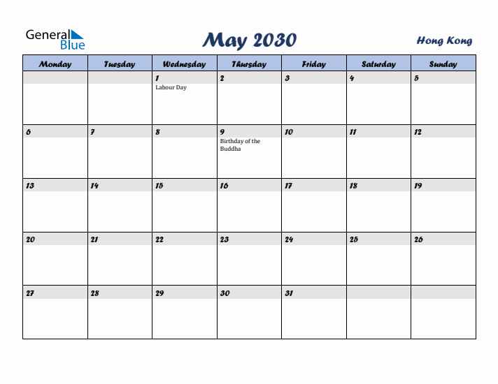 May 2030 Calendar with Holidays in Hong Kong