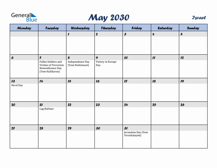 May 2030 Calendar with Holidays in Israel