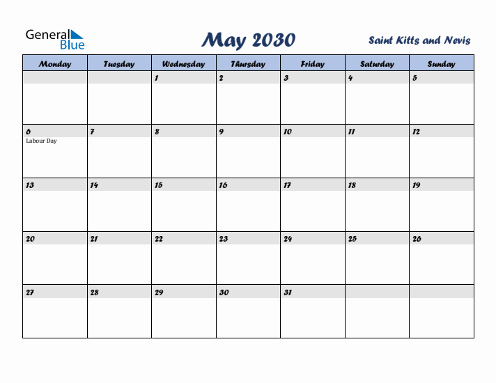 May 2030 Calendar with Holidays in Saint Kitts and Nevis