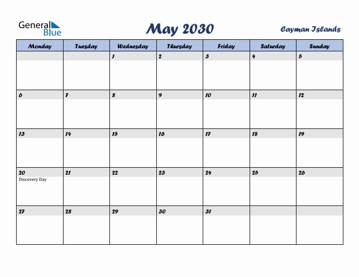 May 2030 Calendar with Holidays in Cayman Islands