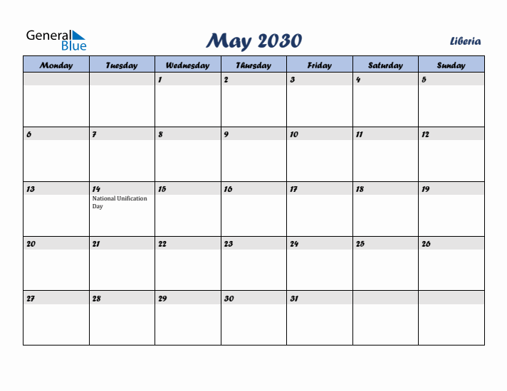 May 2030 Calendar with Holidays in Liberia