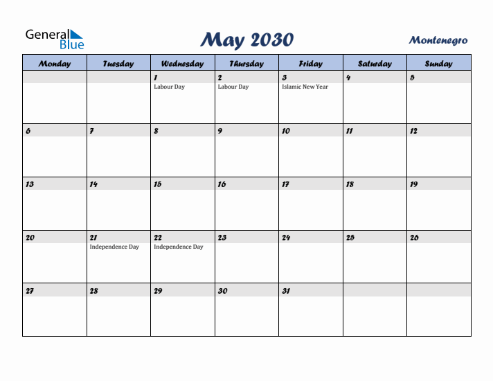 May 2030 Calendar with Holidays in Montenegro