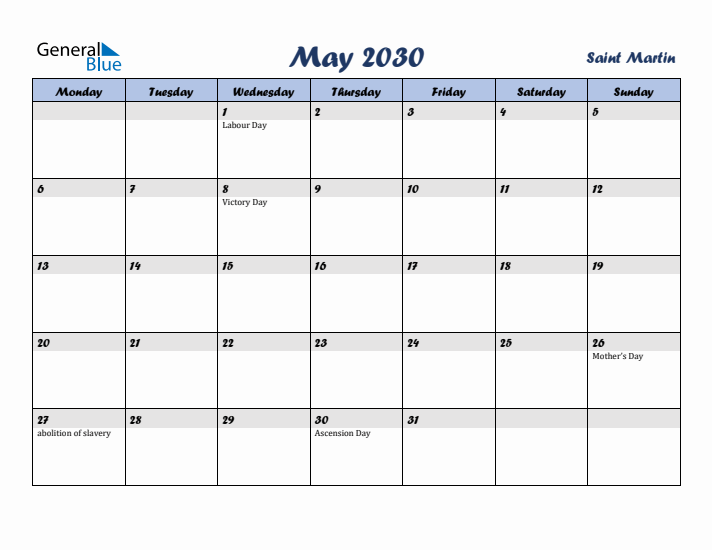 May 2030 Calendar with Holidays in Saint Martin