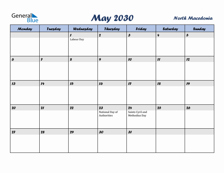 May 2030 Calendar with Holidays in North Macedonia