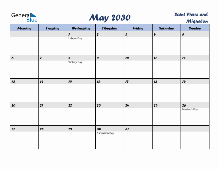 May 2030 Calendar with Holidays in Saint Pierre and Miquelon