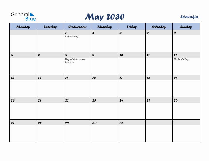 May 2030 Calendar with Holidays in Slovakia