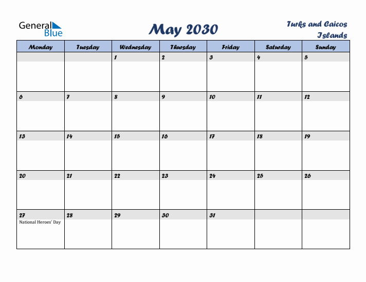 May 2030 Calendar with Holidays in Turks and Caicos Islands