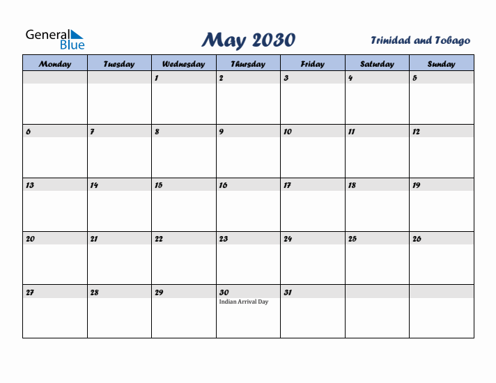 May 2030 Calendar with Holidays in Trinidad and Tobago