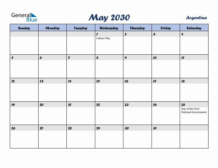 May 2030 Calendar with Holidays in Argentina
