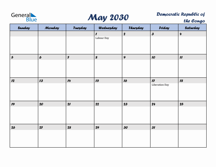 May 2030 Calendar with Holidays in Democratic Republic of the Congo