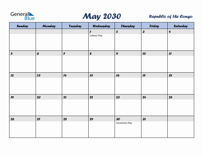 May 2030 Calendar with Holidays in Republic of the Congo