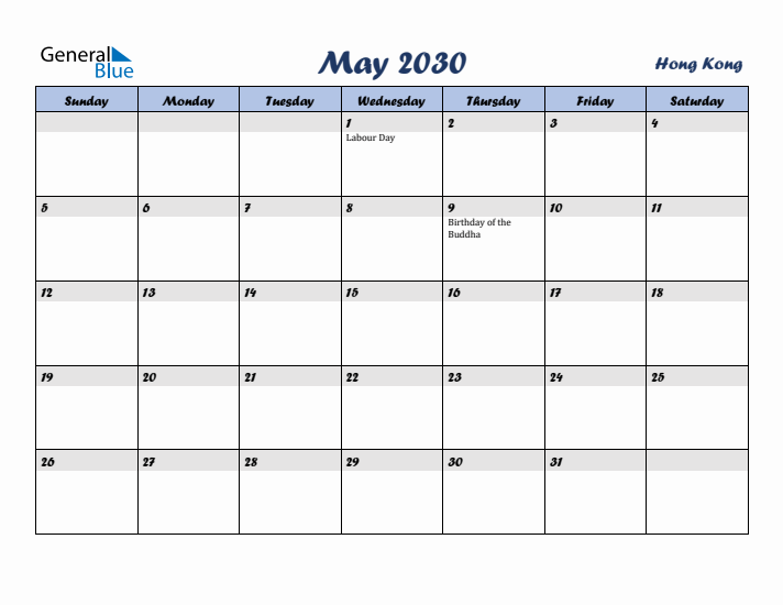 May 2030 Calendar with Holidays in Hong Kong