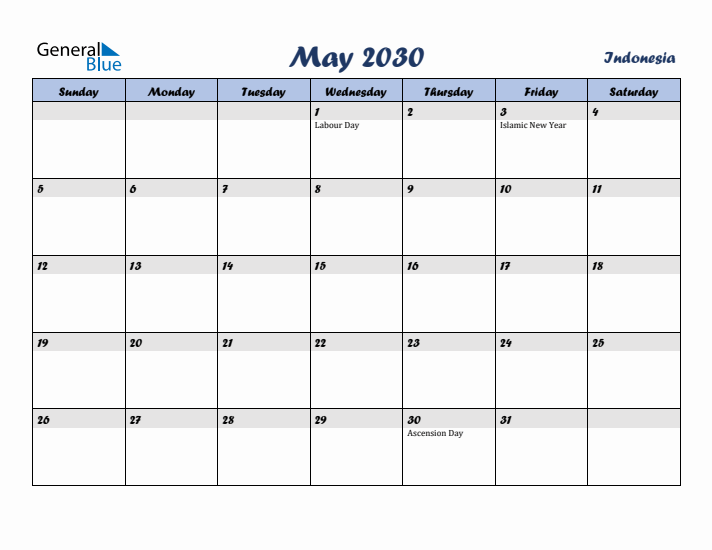 May 2030 Calendar with Holidays in Indonesia
