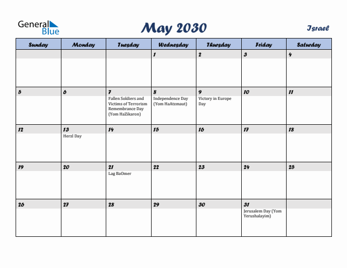 May 2030 Calendar with Holidays in Israel