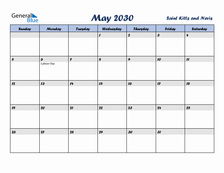 May 2030 Calendar with Holidays in Saint Kitts and Nevis