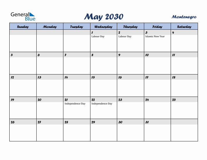 May 2030 Calendar with Holidays in Montenegro