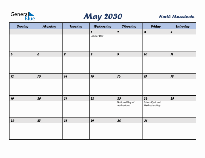 May 2030 Calendar with Holidays in North Macedonia