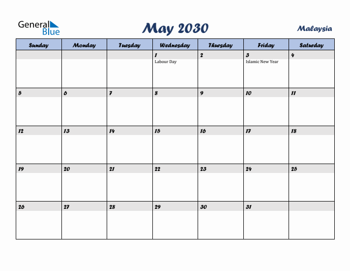 May 2030 Calendar with Holidays in Malaysia