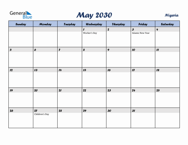 May 2030 Calendar with Holidays in Nigeria