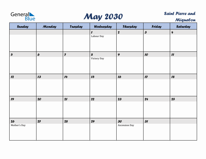 May 2030 Calendar with Holidays in Saint Pierre and Miquelon