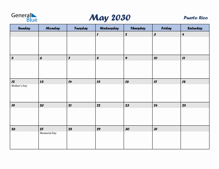 May 2030 Calendar with Holidays in Puerto Rico