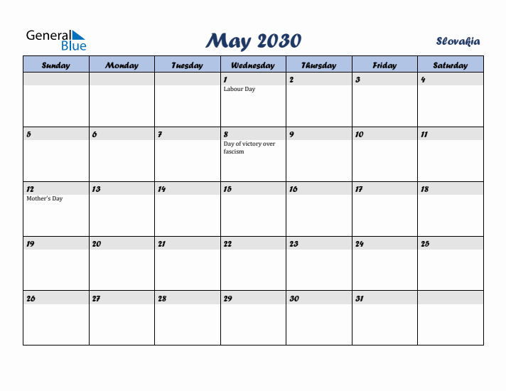 May 2030 Calendar with Holidays in Slovakia